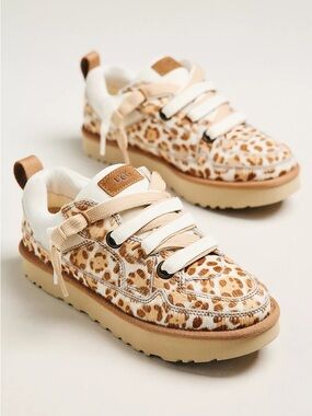 UGG Leopard Print Lace-Up Sneakers in Tan and White